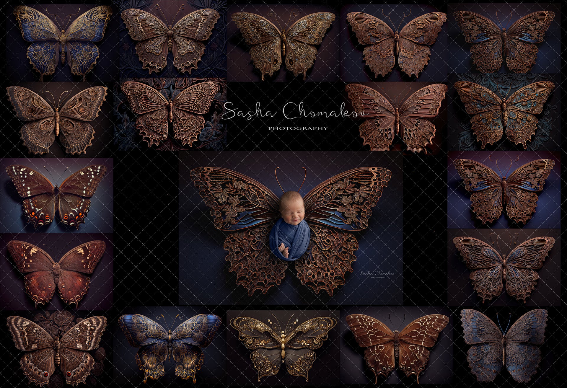 Backdrop butterflies dark brown and blues Ai generated