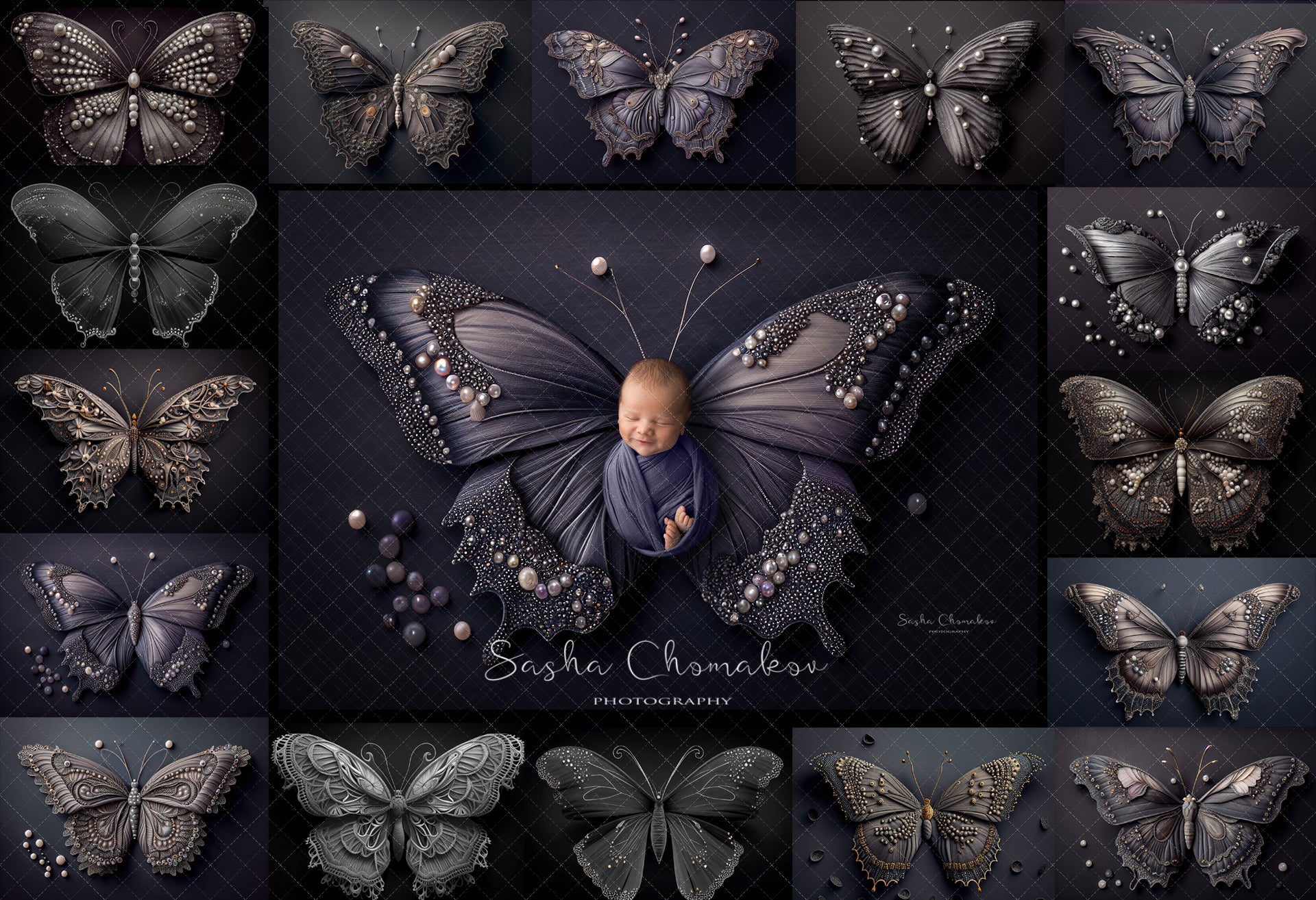 Backdrop butterflies dark gray purples Ai generated