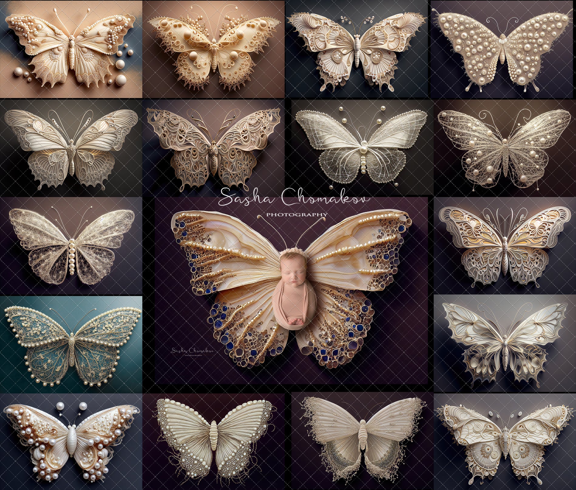 Backdrop butterflies cream pearls Ai generated