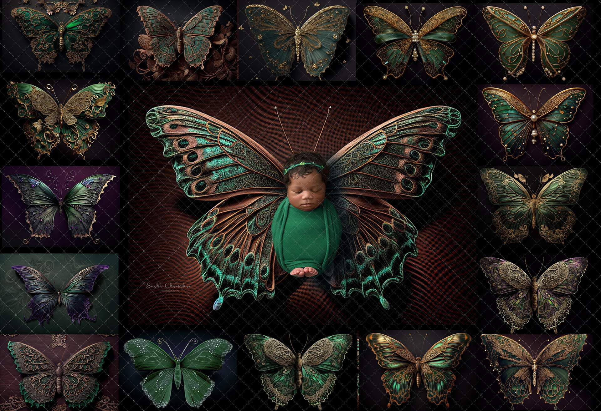 Backdrop butterflies dark green Ai generated