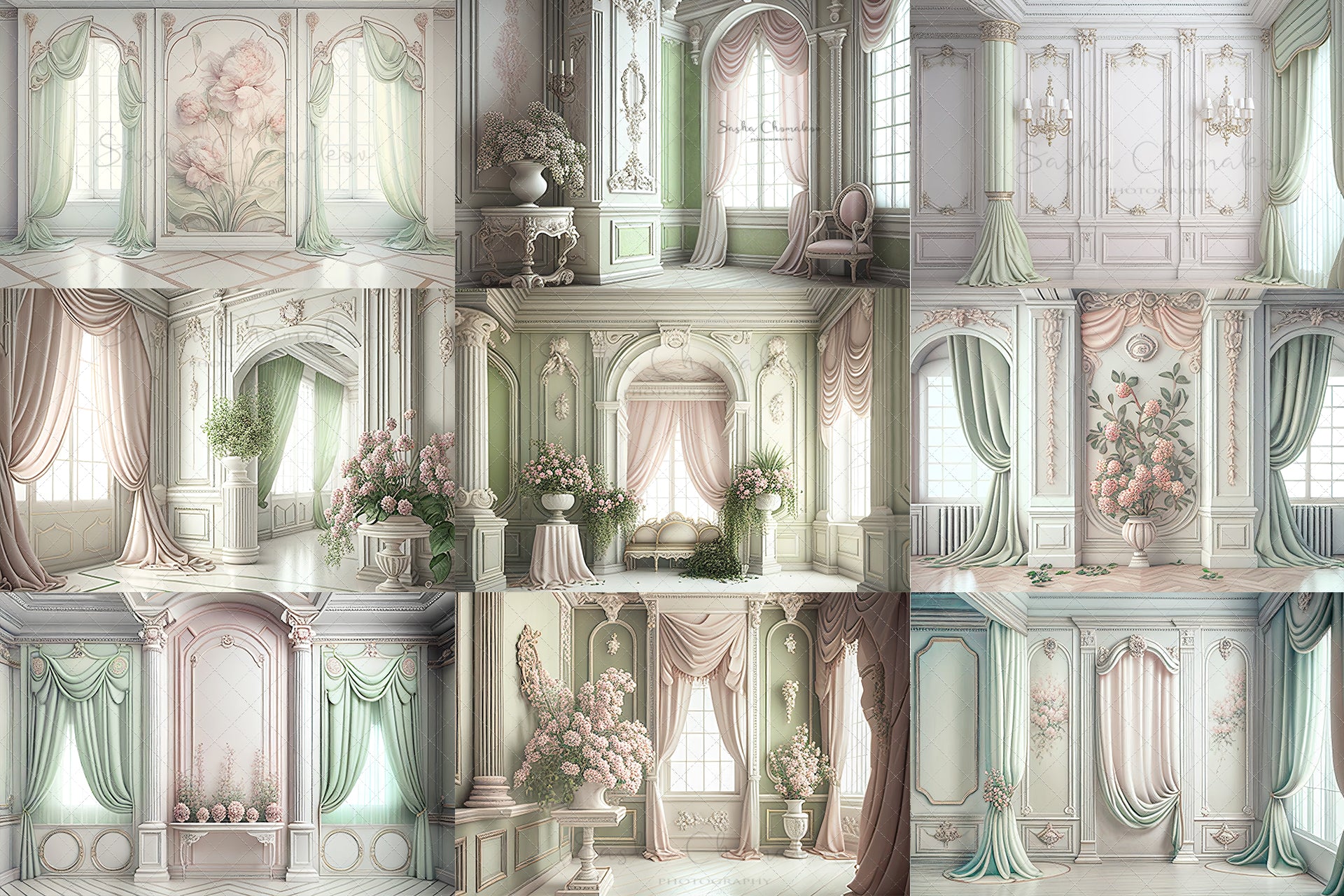Digital Backdrops light green victorian rooms Ai generated