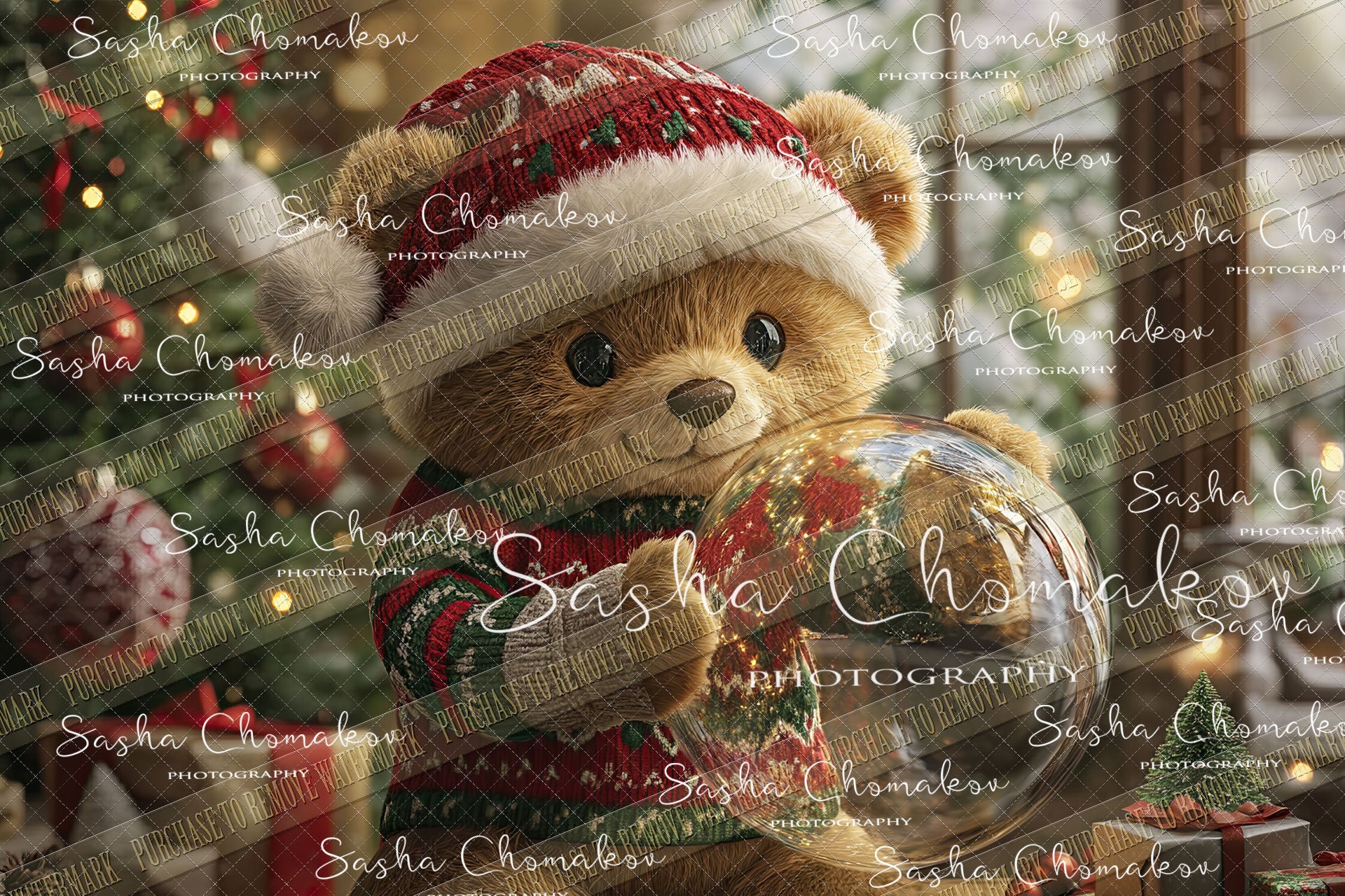 Digital  Backdrop Ai generated Christmas globes bear