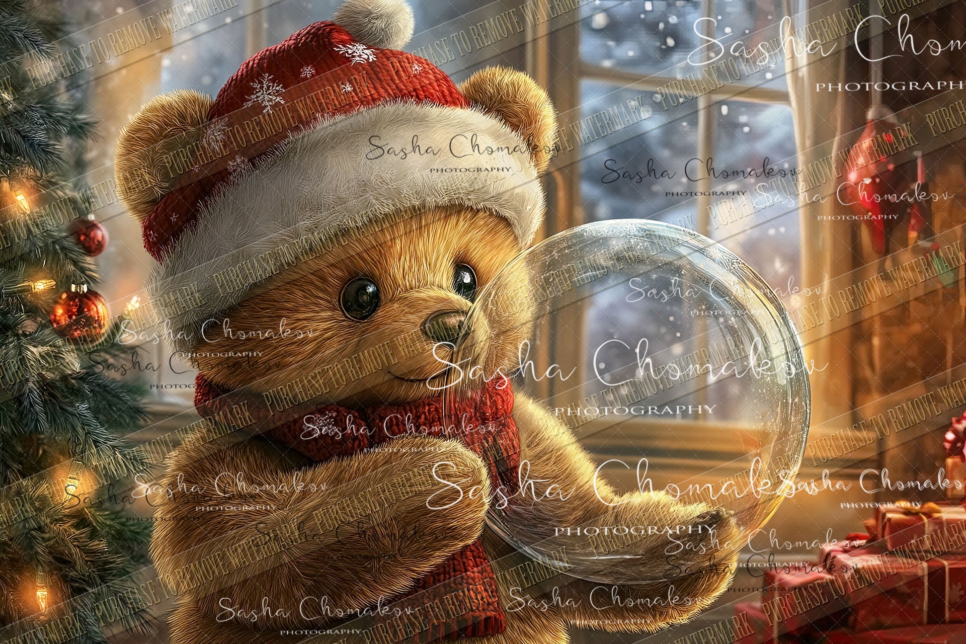 Digital  Backdrop Ai generated Christmas globes bear