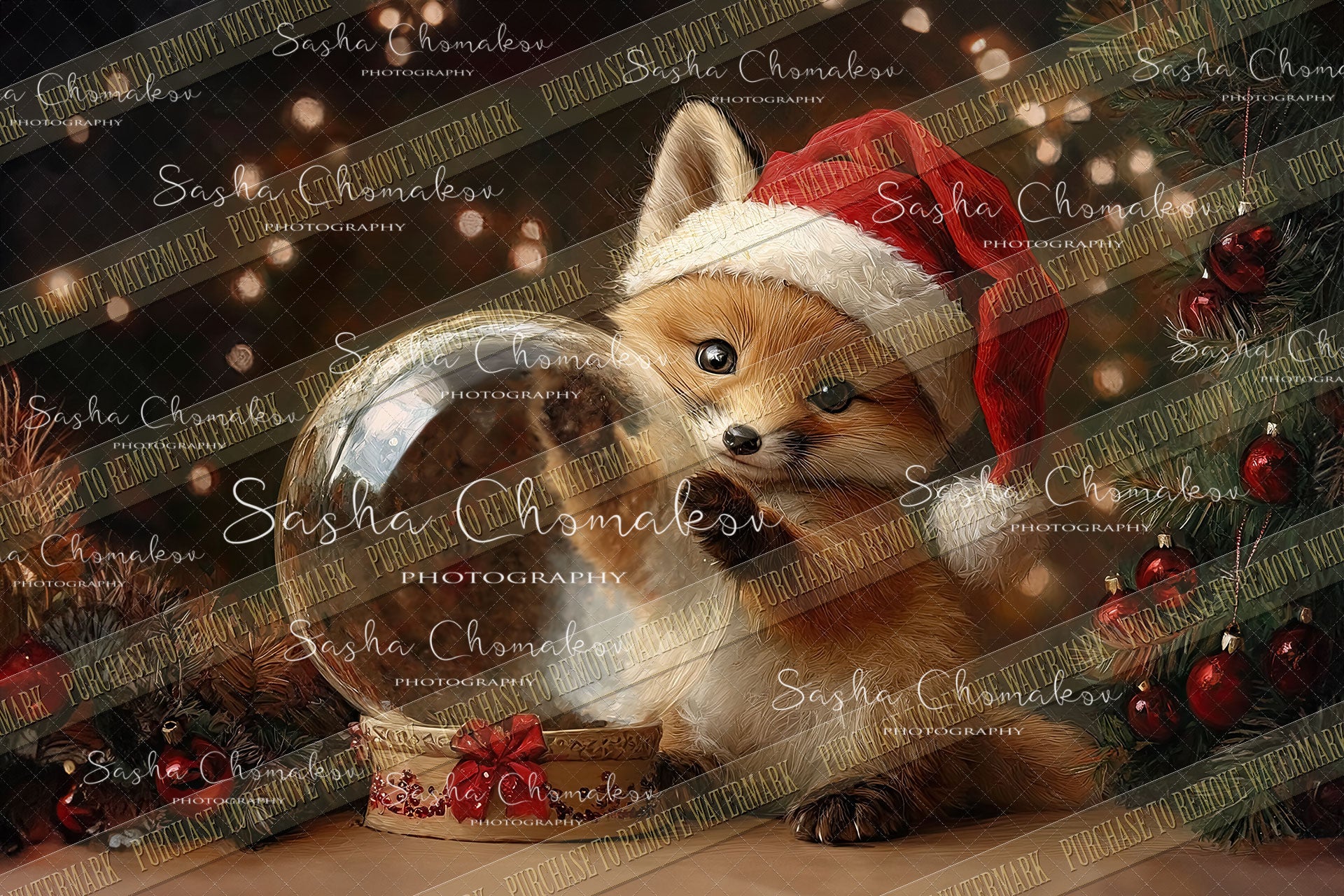 Digital  Backdrop Ai generated Christmas globes fox