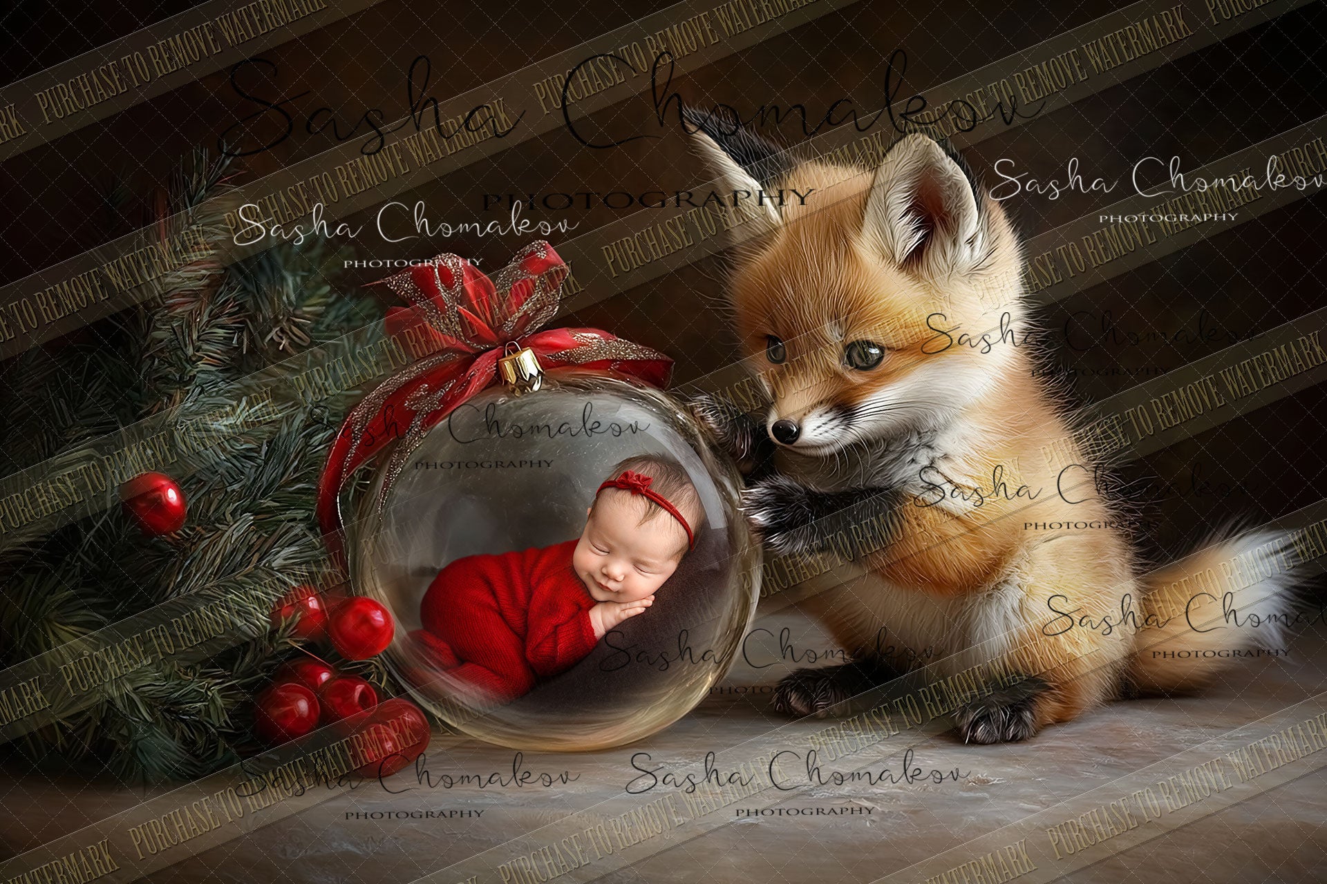 Digital  Backdrop Ai generated Christmas globes fox