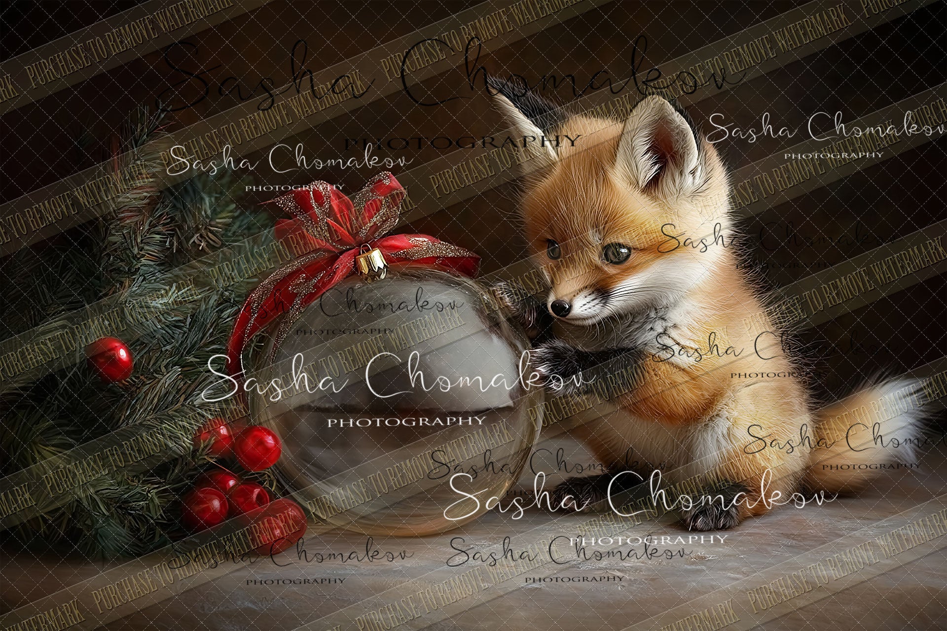 Digital  Backdrop Ai generated Christmas globes fox