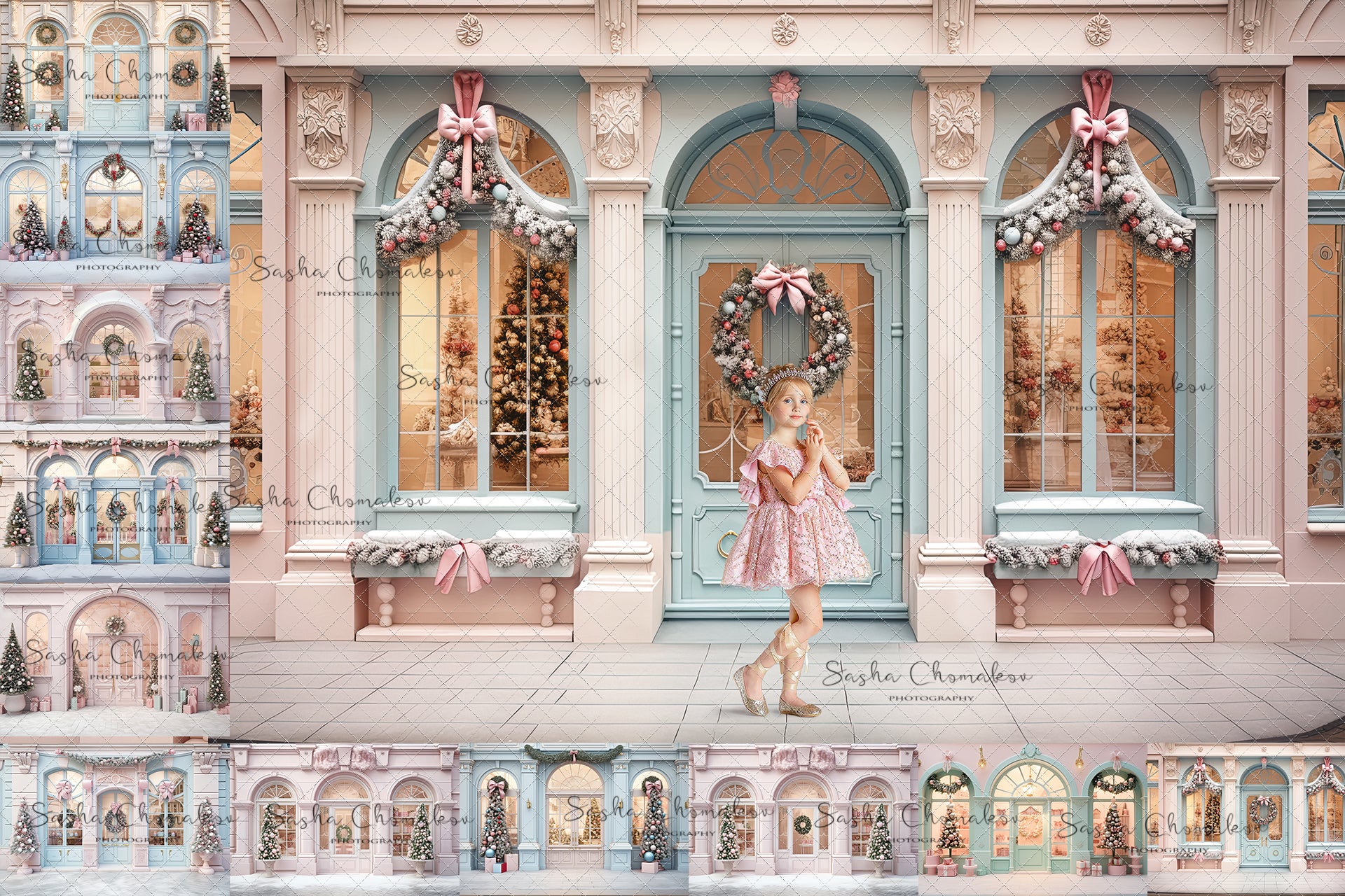 Digital backgrounds pastel  Christmas store fronts Ai generated