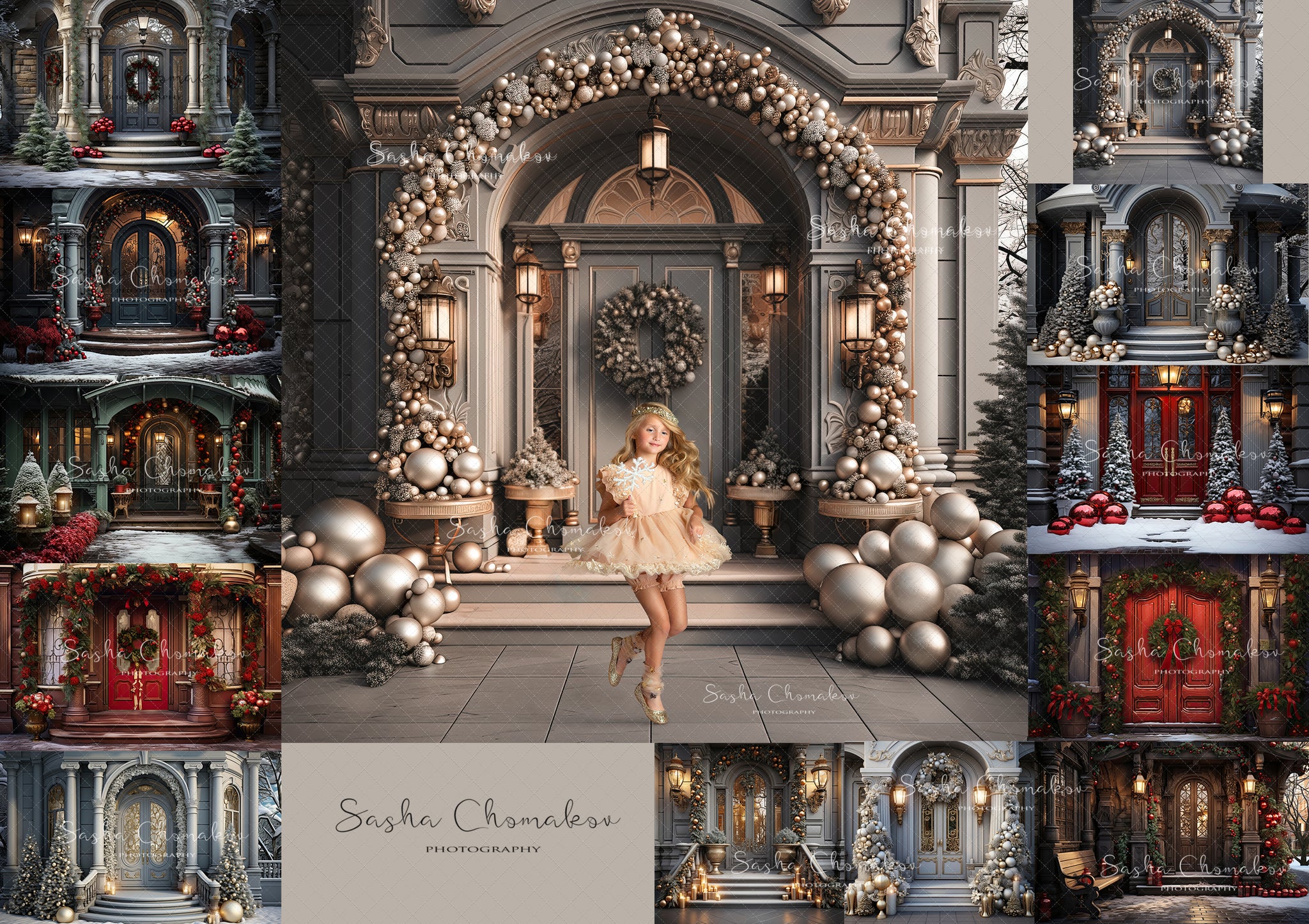 Digital backgrounds  Ai generated Christmas front doors set 4
