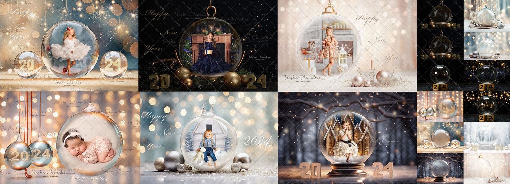 Promo Digital New Year globes   backgrounds Christmas   Ai generated combo with real props