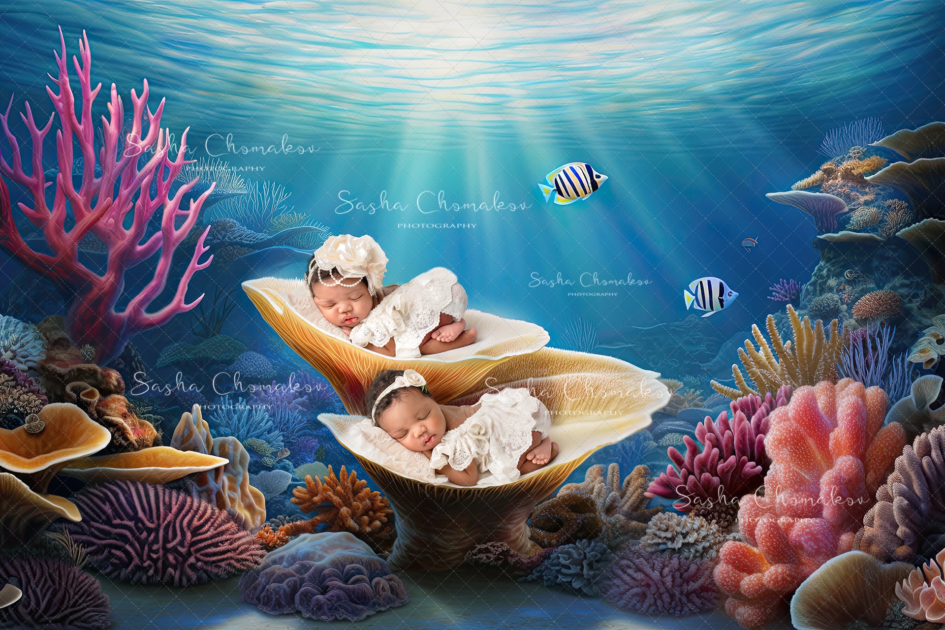 Digital backgrounds Mermaid seafloor illustration Ai generated set 2 newborns