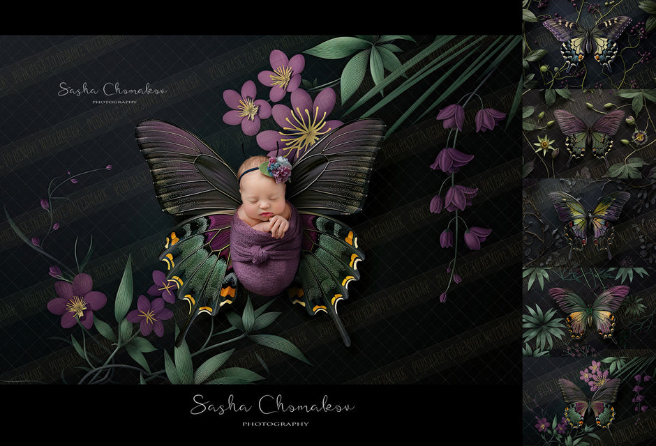 Digital  background  butterflies purple and green dark  Ai generated