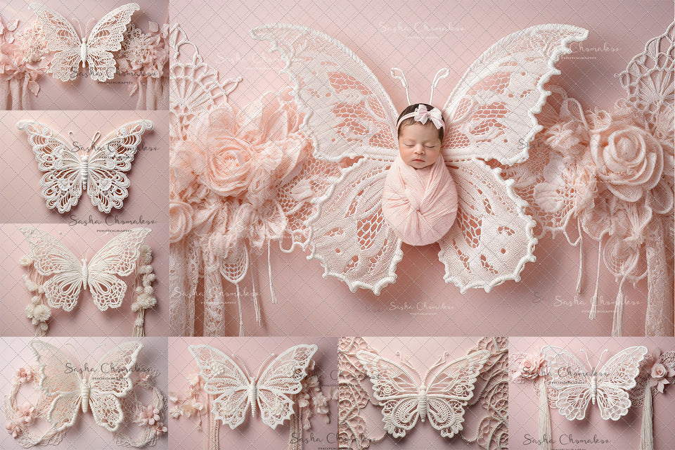 Digital  Backdrops  Ai generated boho butterflies pink set 2