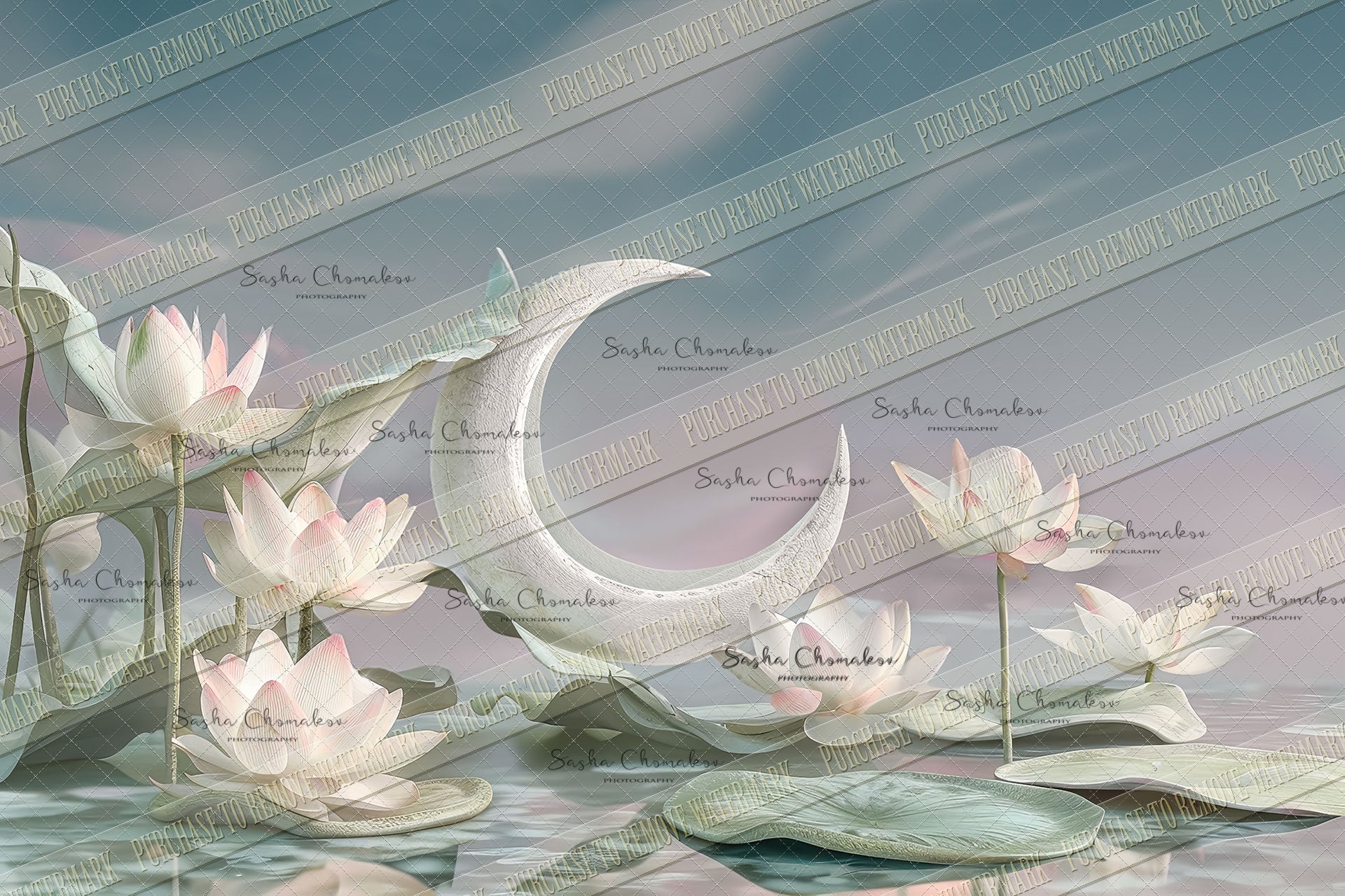 Digital  background  Moon with lilies