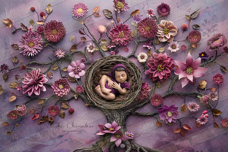 Digital  background  Spring Easter overhead purple flowers   tree