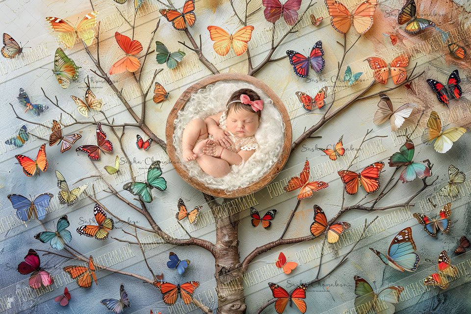 Digital  background  Spring Easter overhead butterfly  tree