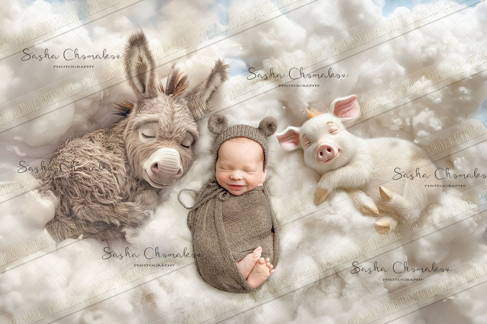 Digital  background  cute donkey and piglet