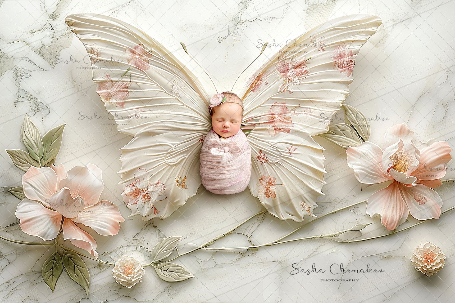 Digital  background  pink butterflies porcelain Ai generated