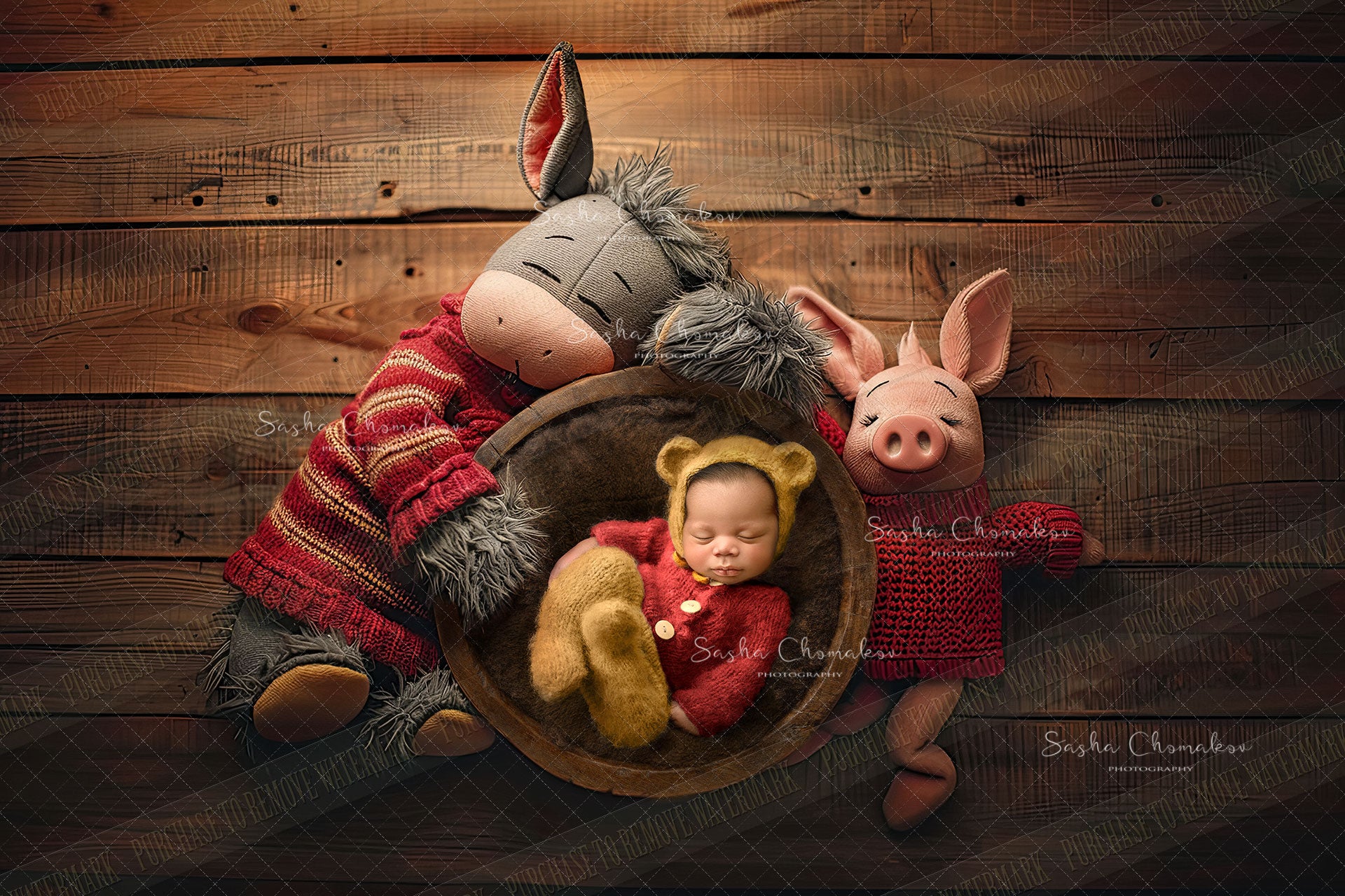 Digital  background Donkey and Piglet overhead hugging a bowl   Ai generated