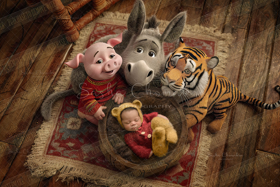 Digital  background Donkey and Piglet and Tiger  overhead hugging a bowl   Ai generated