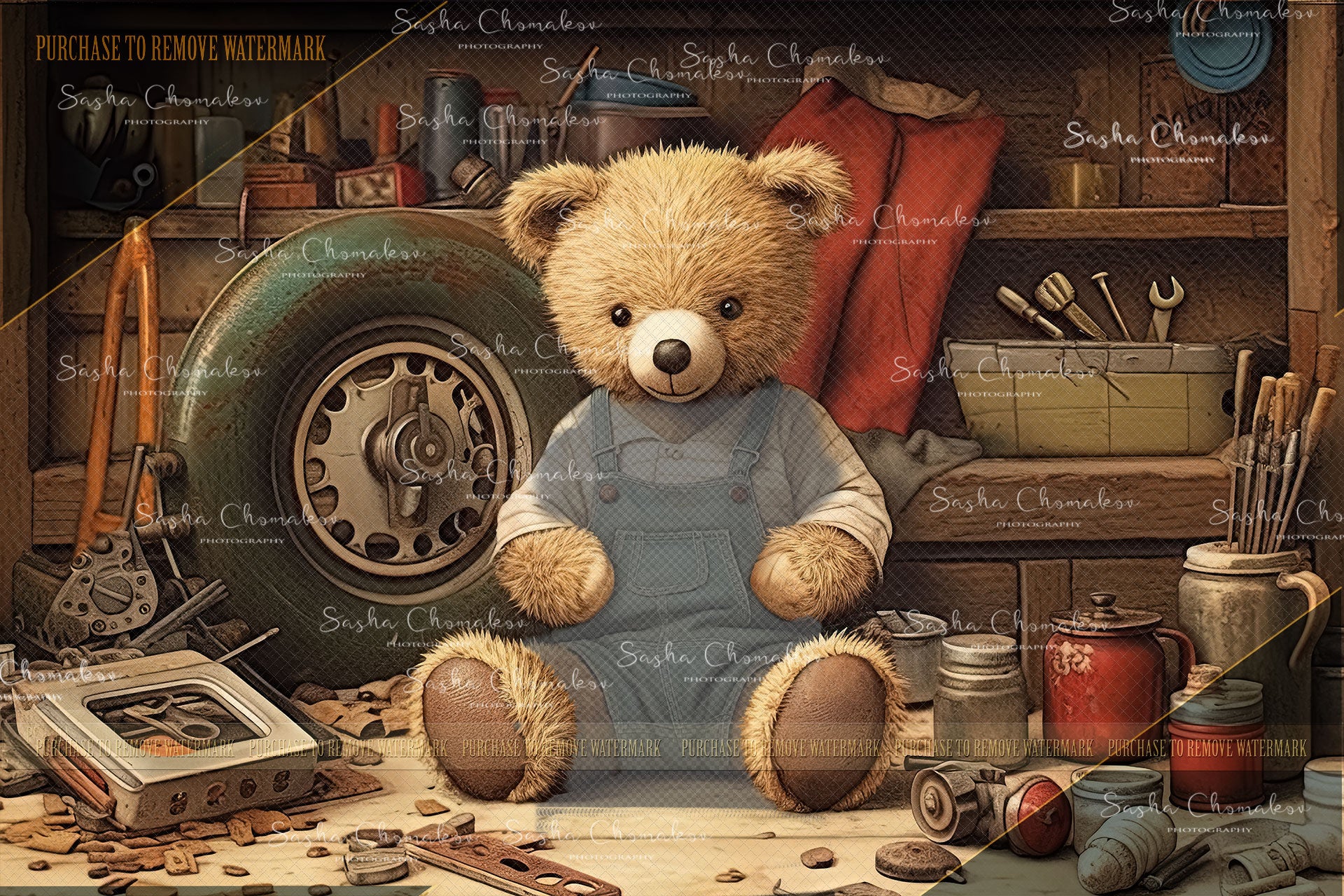 Digital  backgrounds hand painted bear auto mechanic  Ai generated