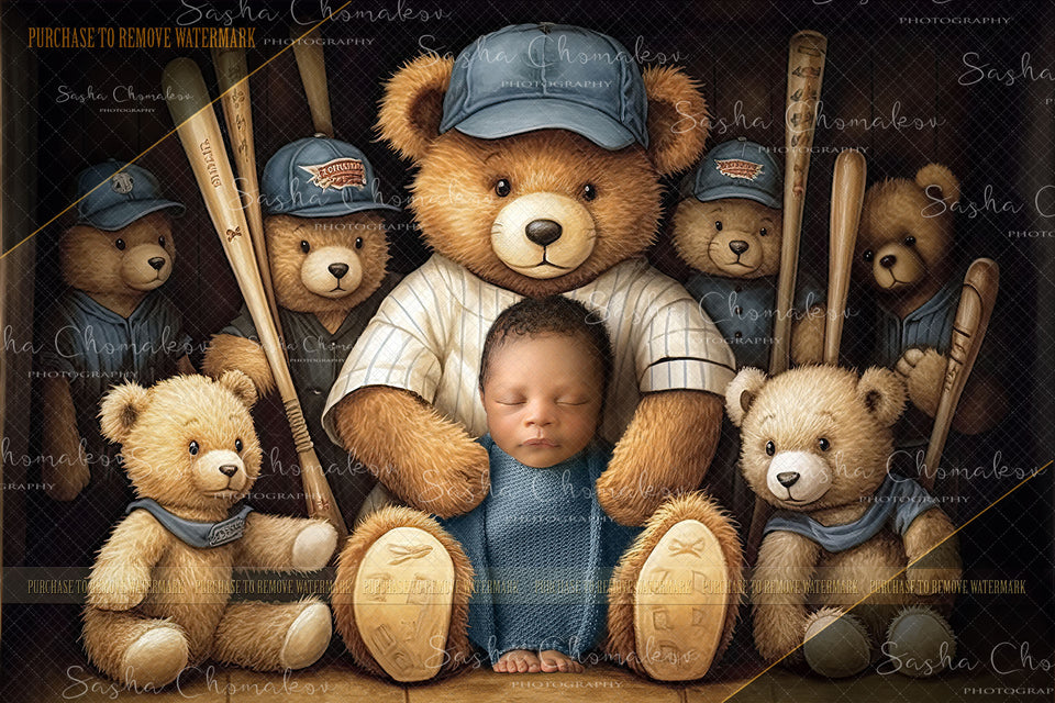 Digital  backgrounds hand painted bear baseball   Ai generated