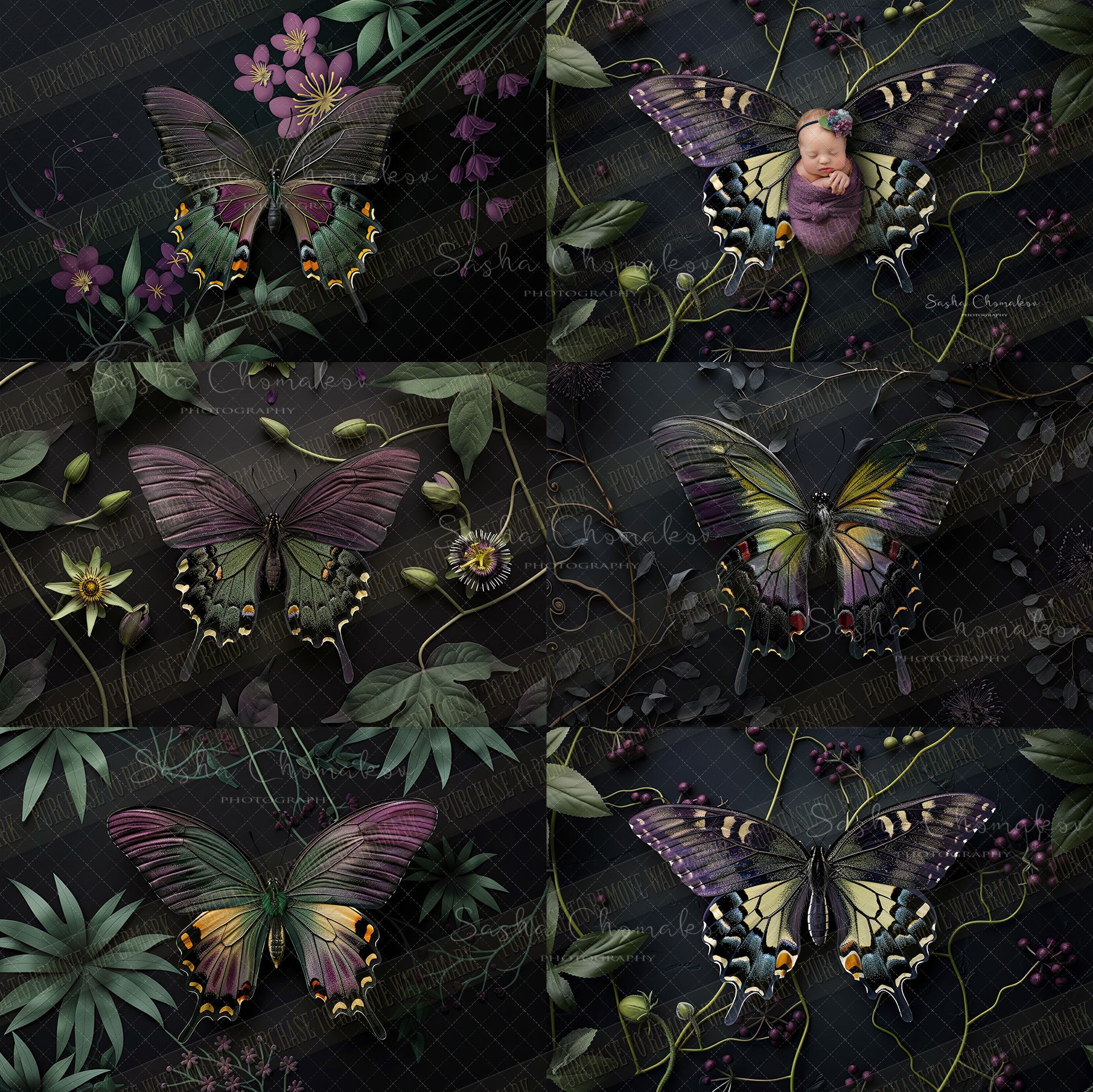Digital  background  butterflies purple and green dark  Ai generated