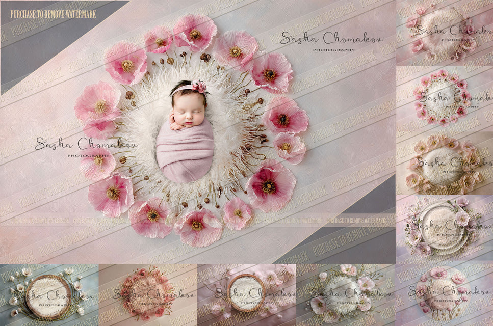 9 Digital backgrounds Ai generated  pink poppies  overhead