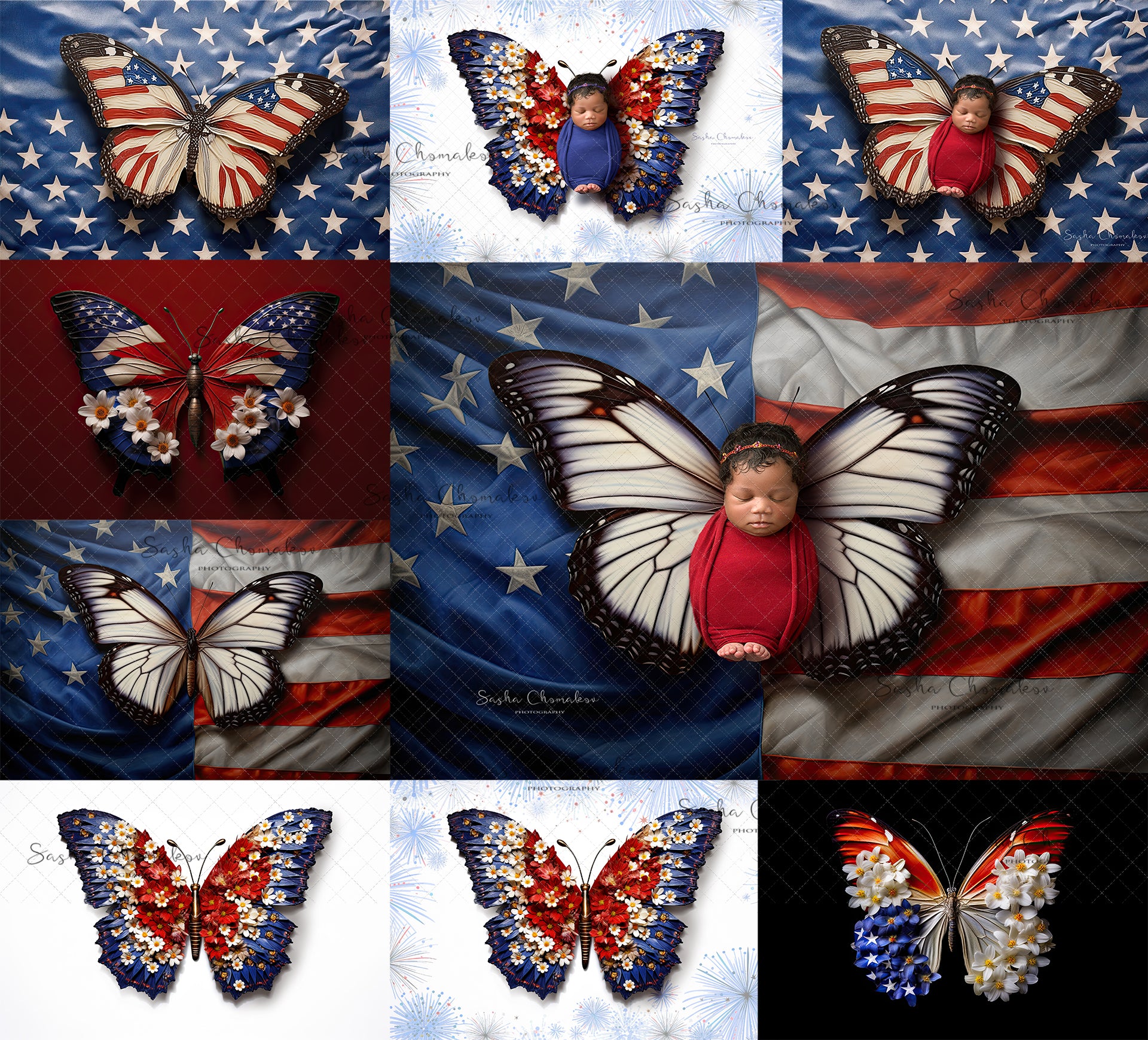 Digital backgrounds Independence day patriotic butterflies set 2 Ai generated