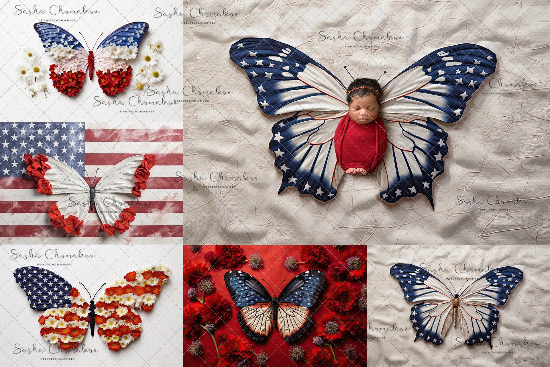 Digital backgrounds Independence day patriotic butterflies set 3 Ai generated