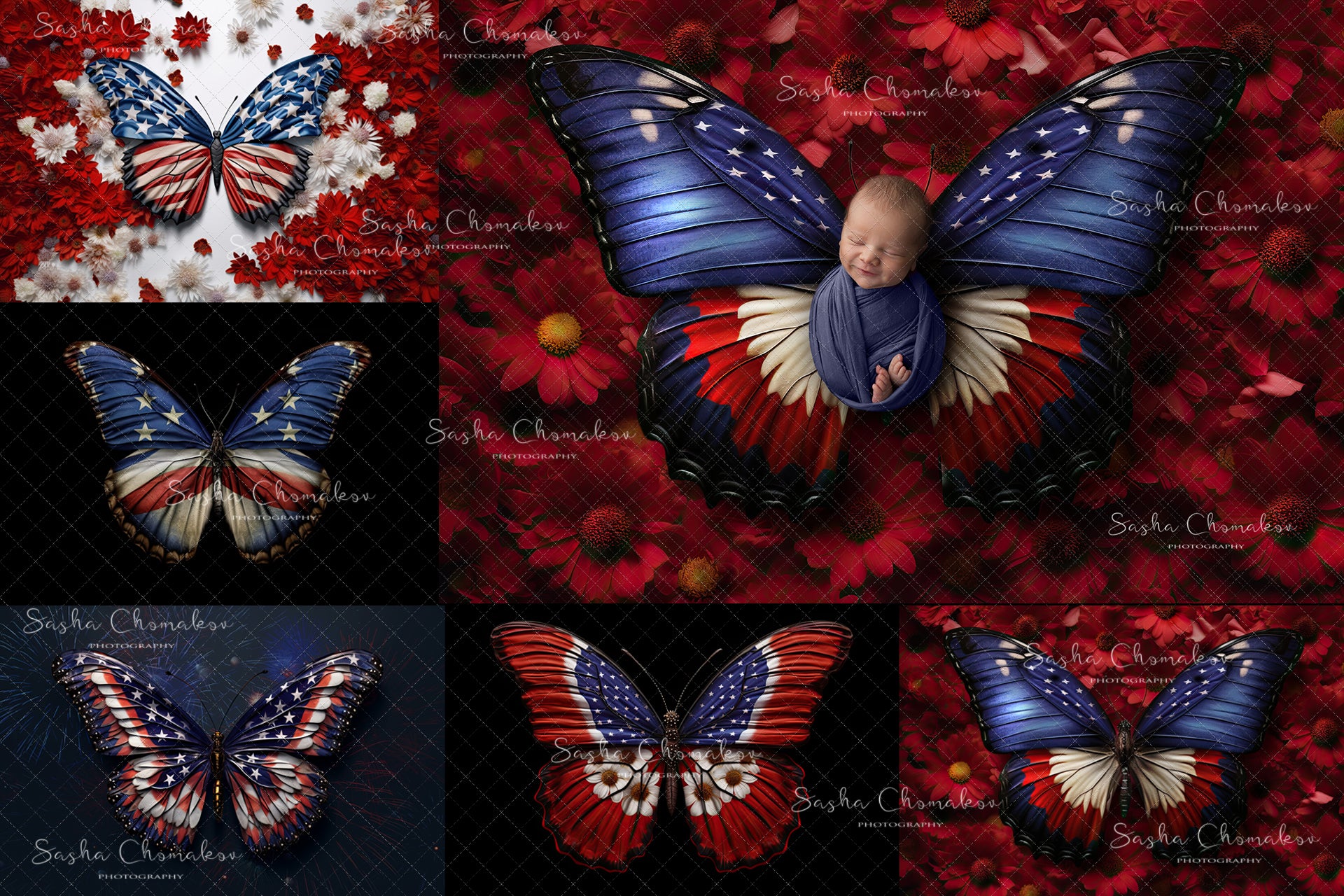 Digital backgrounds Independence day patriotic butterflies set 4 Ai generated