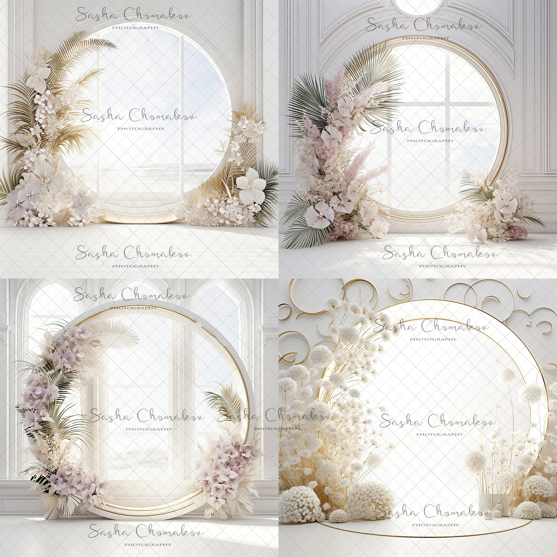 Digital  Backdrops  Ai generated boho back lit white gold floral rings or windows , wreaths