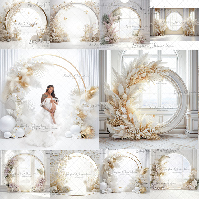 Digital  Backdrops  Ai generated boho back lit white gold floral rings or windows , wreaths