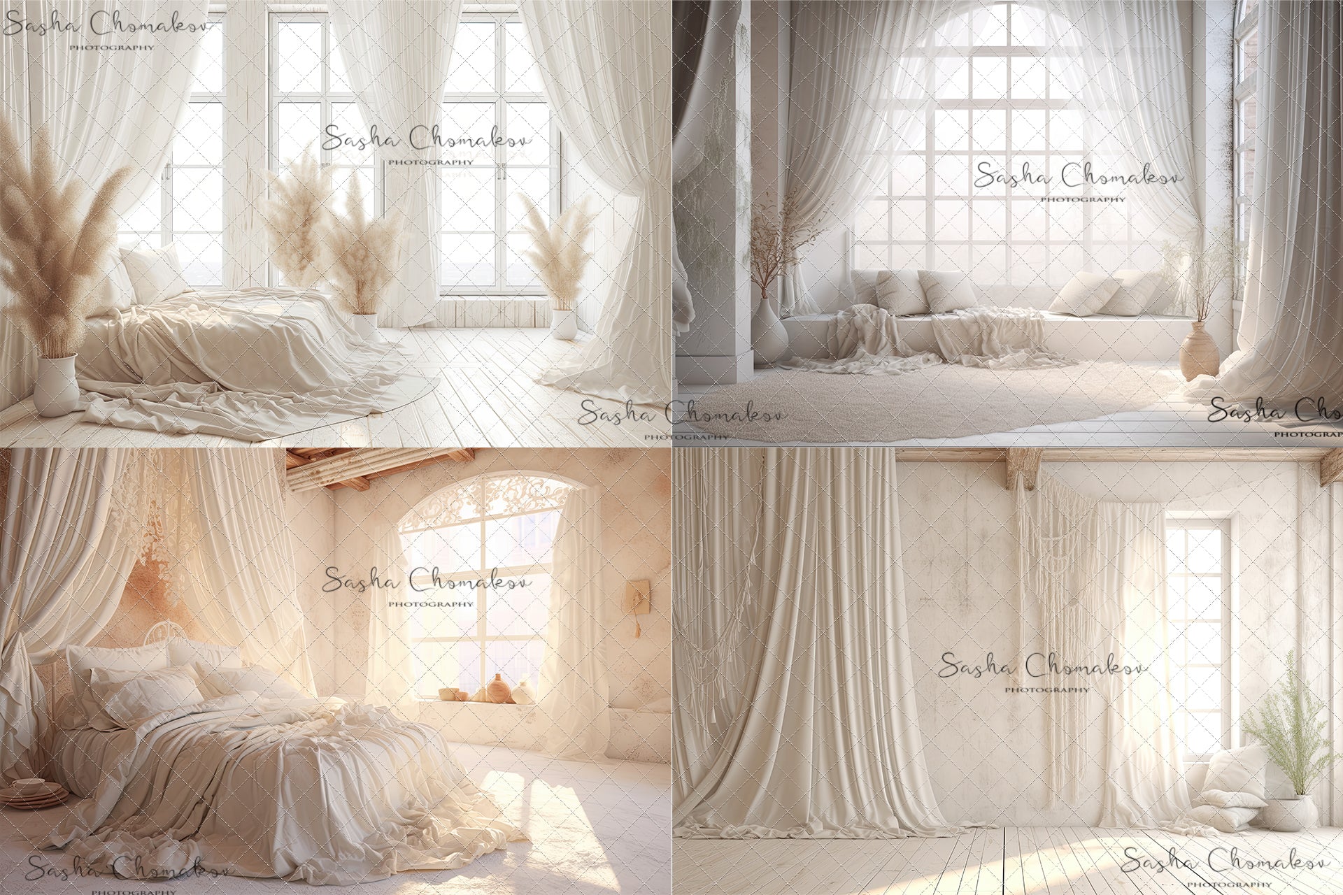 Digital backgrounds white cream boho bedrooms 1 Ai generated