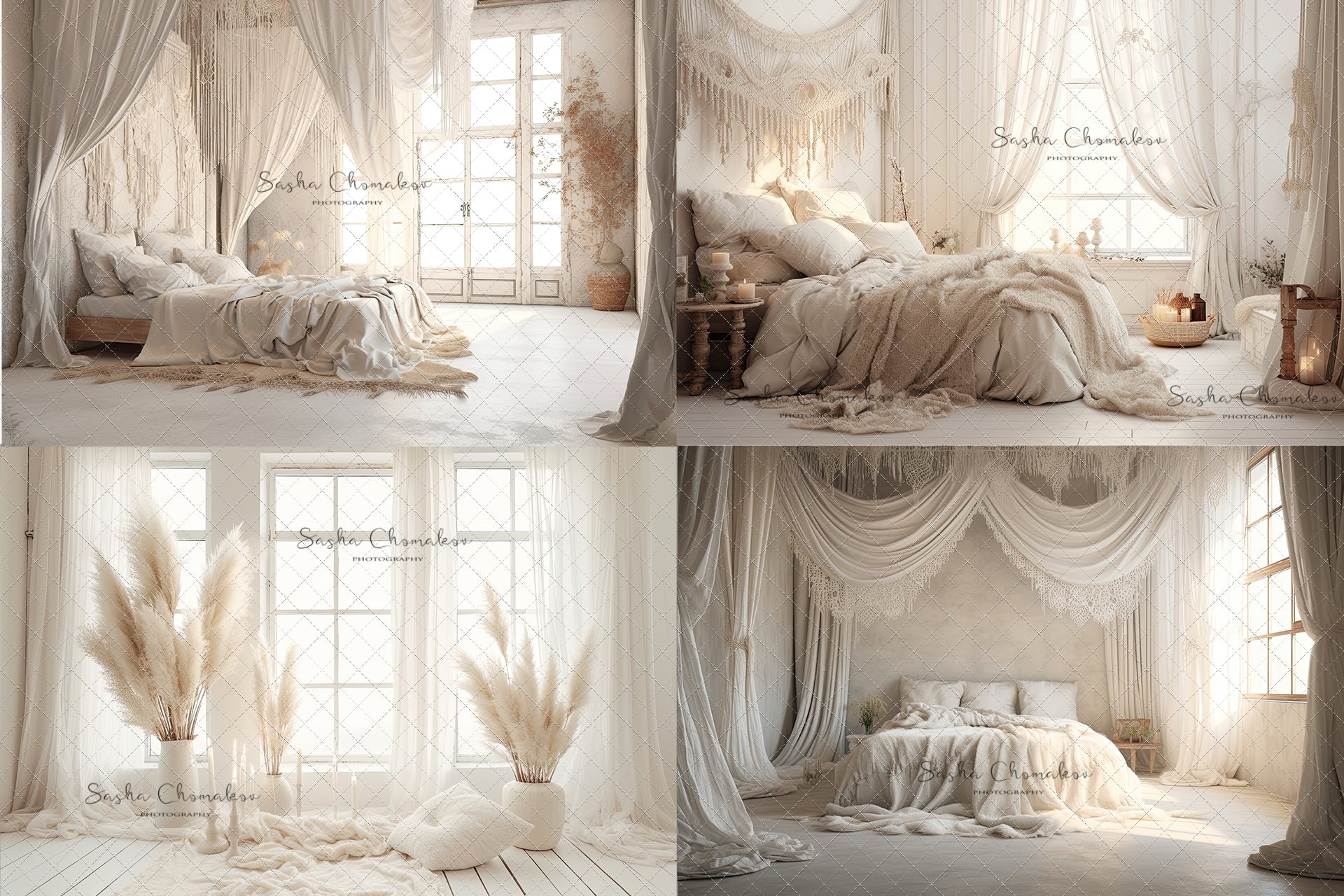 Digital backgrounds white cream boho bedrooms 2 Ai generated