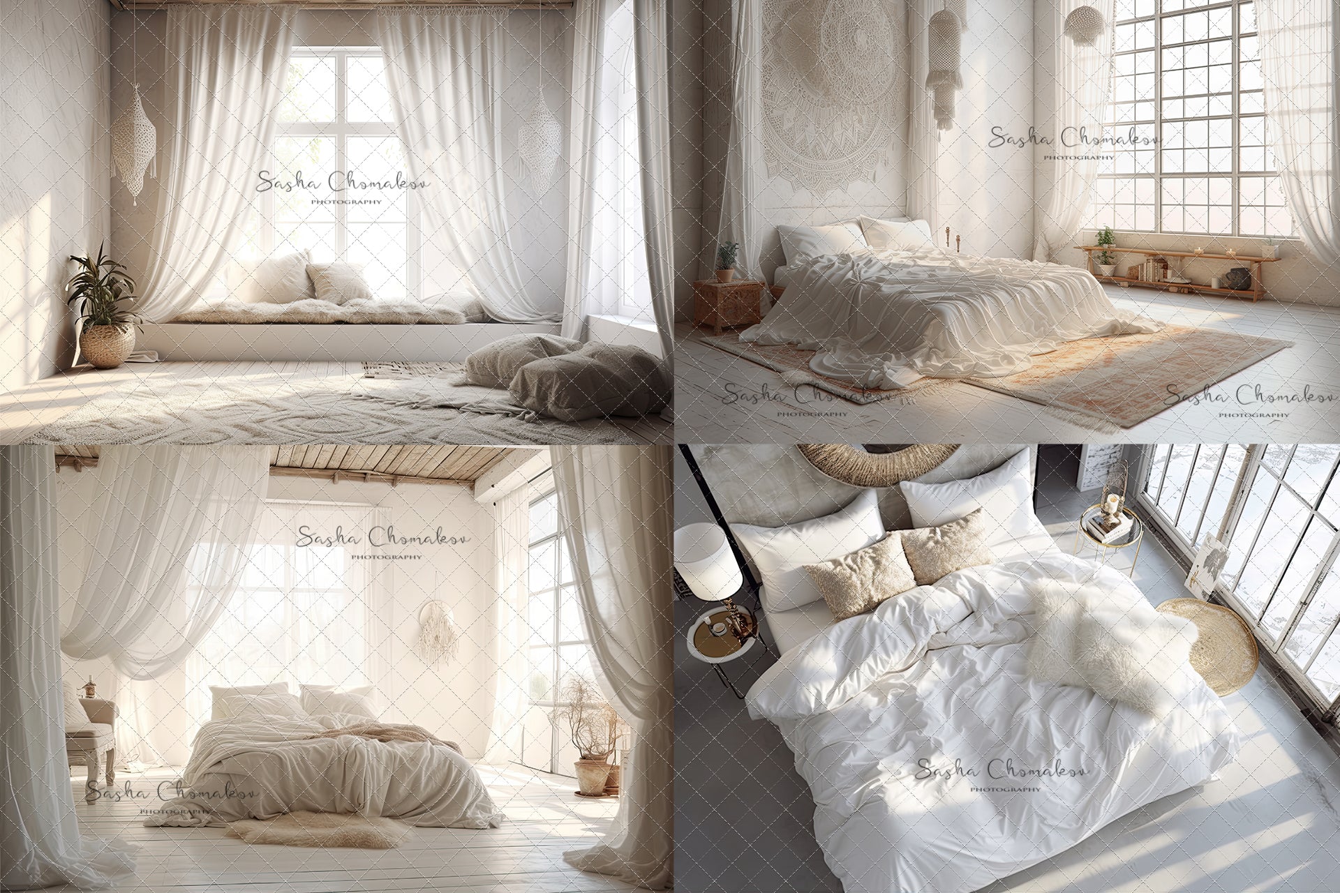Digital backgrounds white cream boho bedrooms 2 Ai generated
