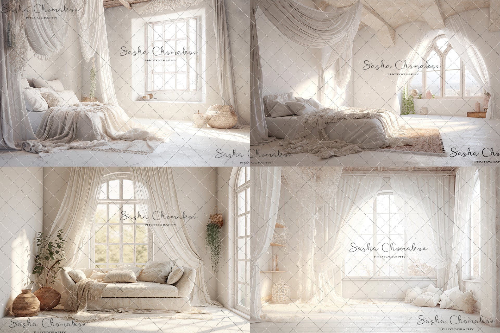 Digital backgrounds white cream boho bedrooms 1 Ai generated