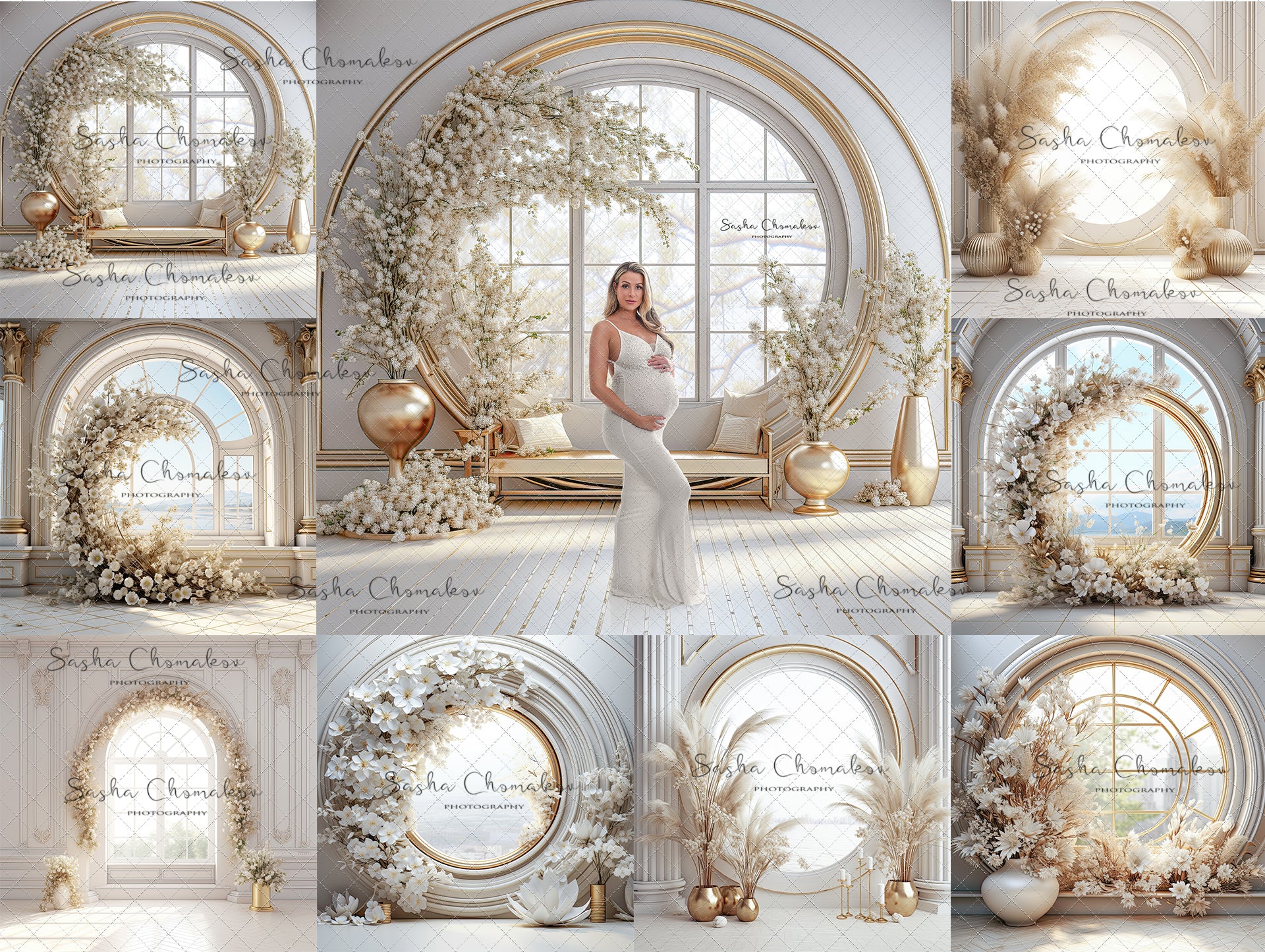 Digital  Backdrops  Ai generated back lit white gold floral rings , wreaths