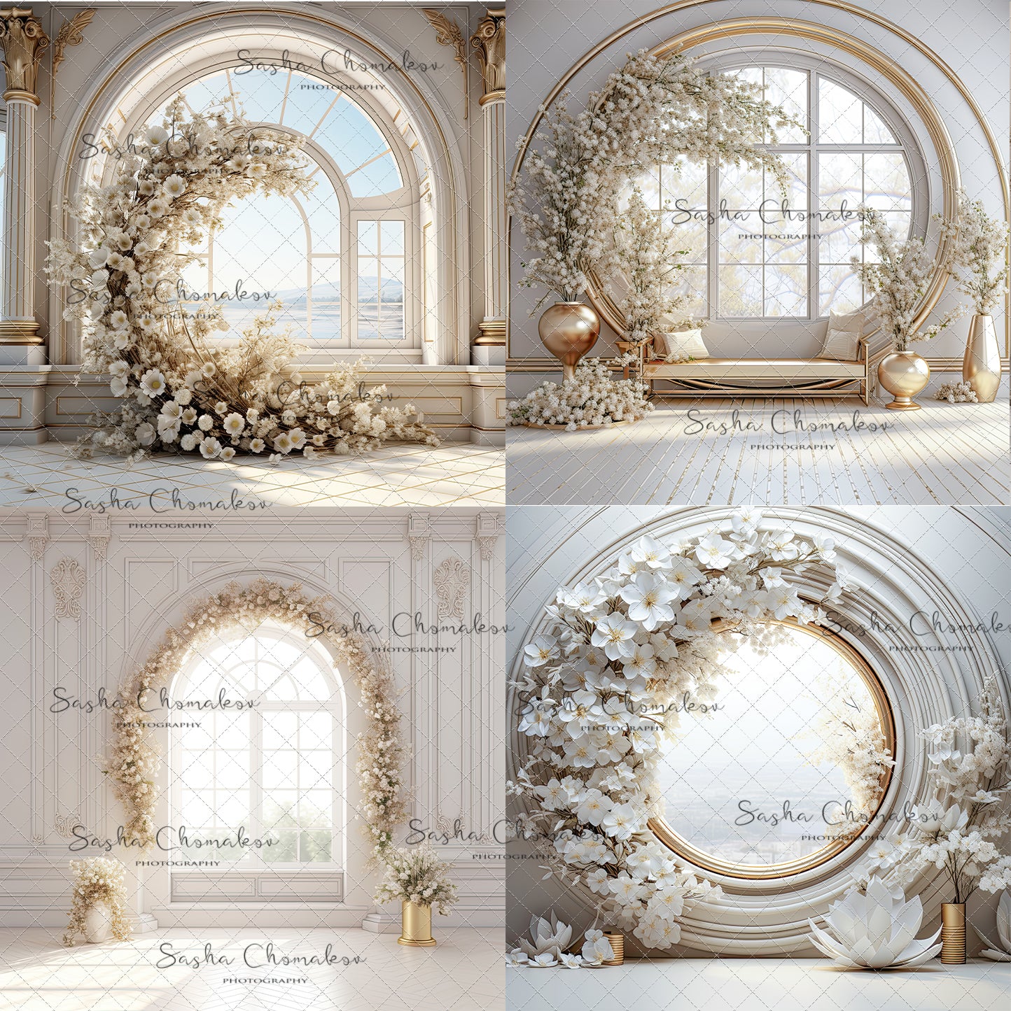 Digital  Backdrops  Ai generated back lit white gold floral rings , wreaths