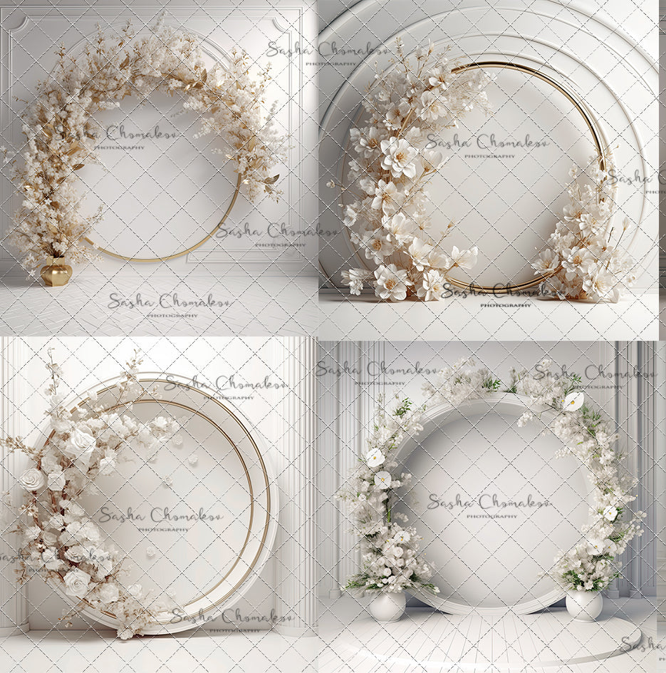 Digital  Backdrops  Ai generated side lit white gold floral rings , wreaths