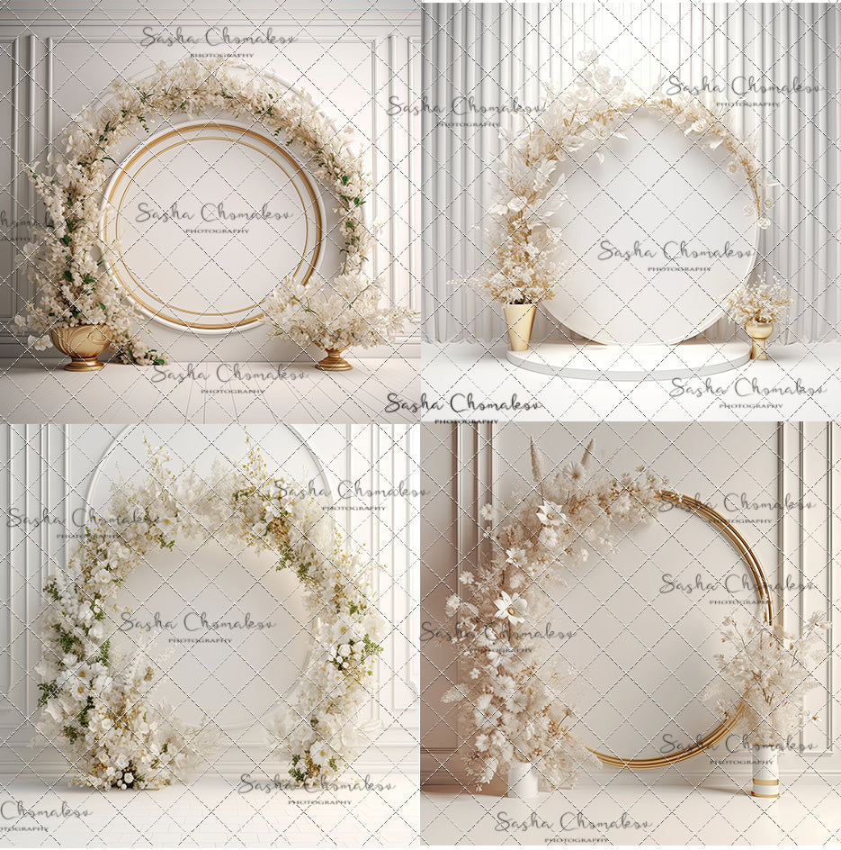 Digital  Backdrops  Ai generated side lit white gold floral rings , wreaths