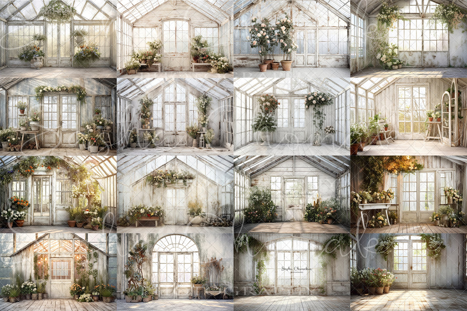 Digital background white vintage greenhouse 1   Ai generated