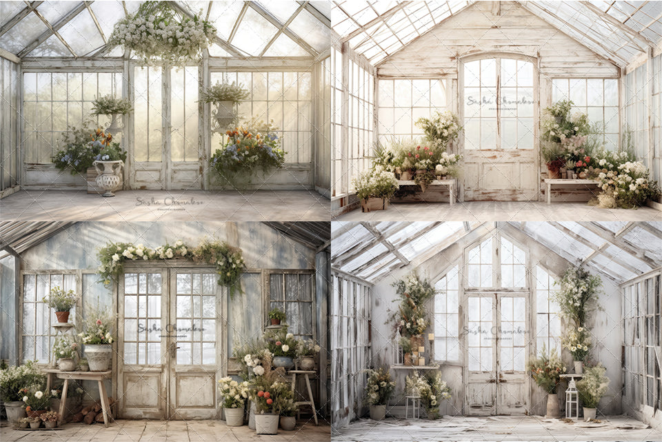 Digital background white vintage greenhouse 1   Ai generated