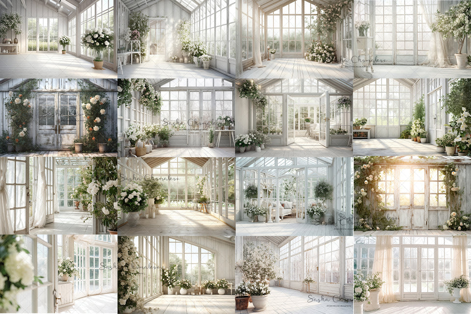 Digital background white vintage greenhouse 2   Ai generated
