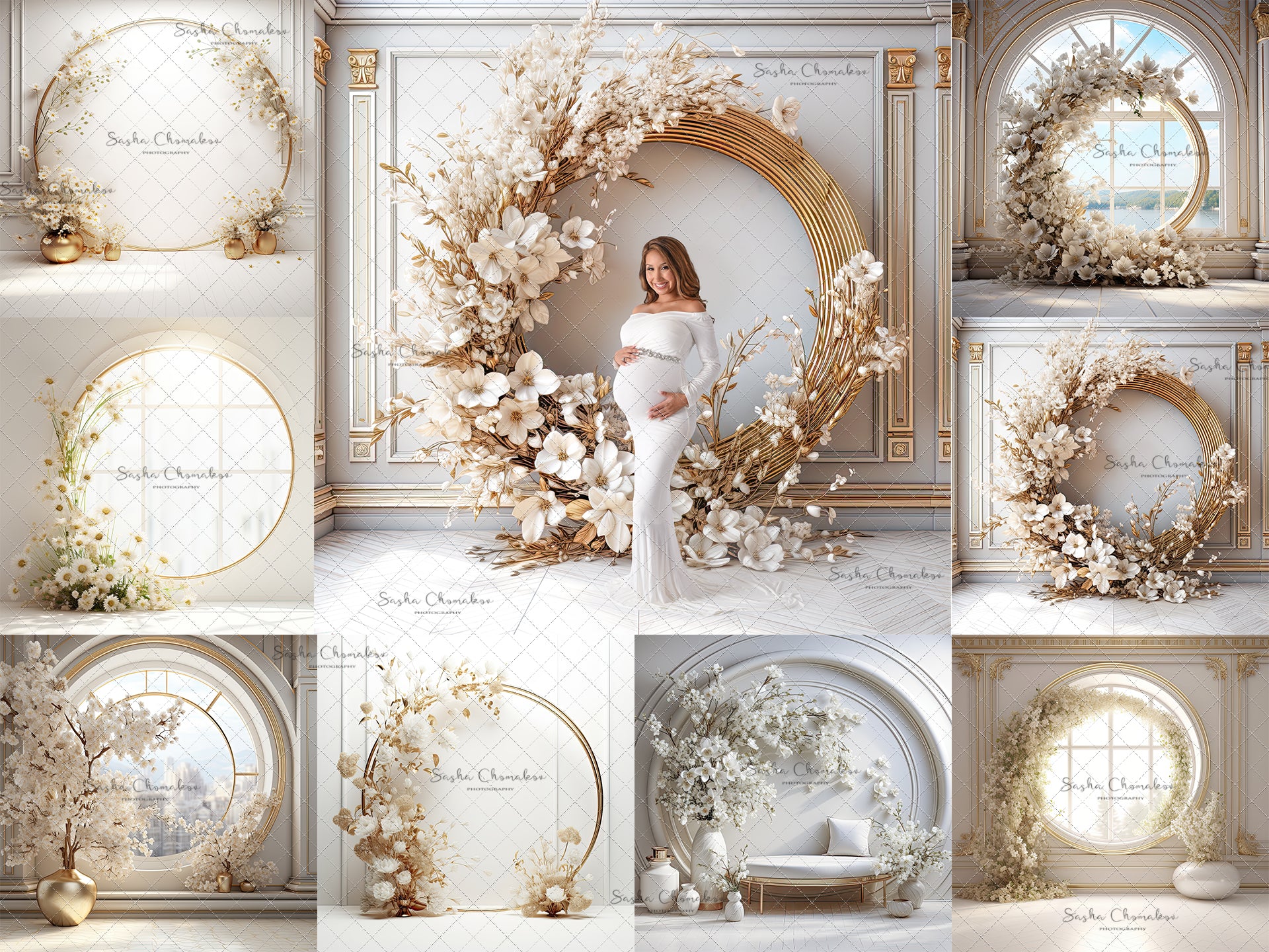 Digital  Backdrops  Ai generated mixed light  white gold floral rings , wreaths