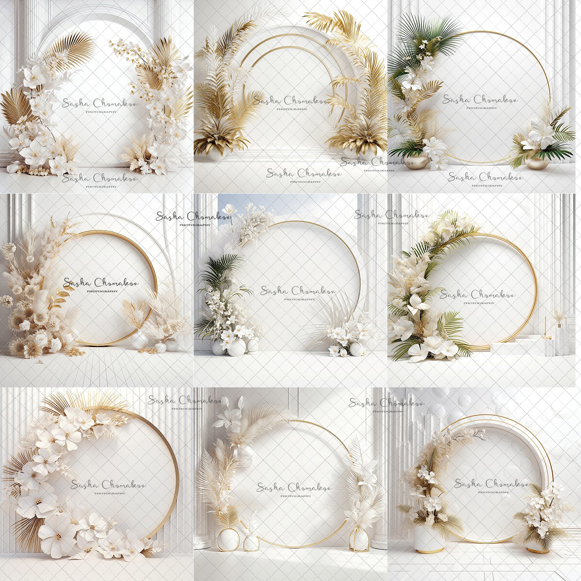 Digital  Backdrops  Ai generated boho side lit white gold floral rings , wreaths