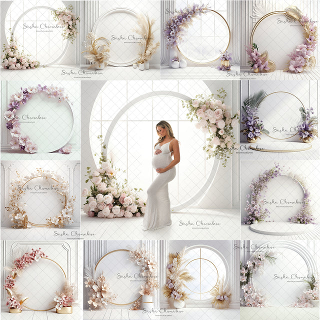 Digital  Backdrops  Ai generated boho mixed light white gold floral rings or windows , wreaths