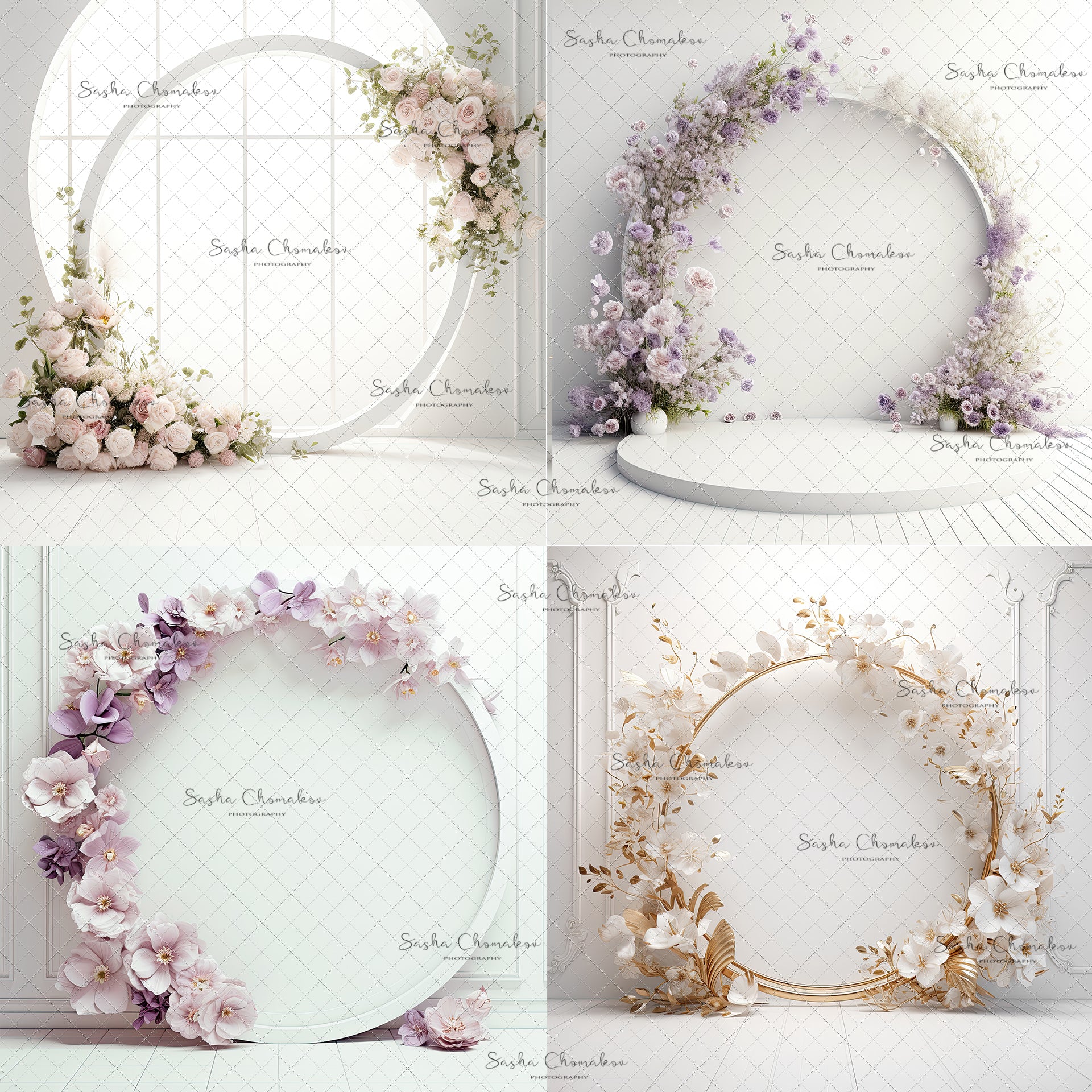 Digital  Backdrops  Ai generated boho mixed light white gold floral rings or windows , wreaths