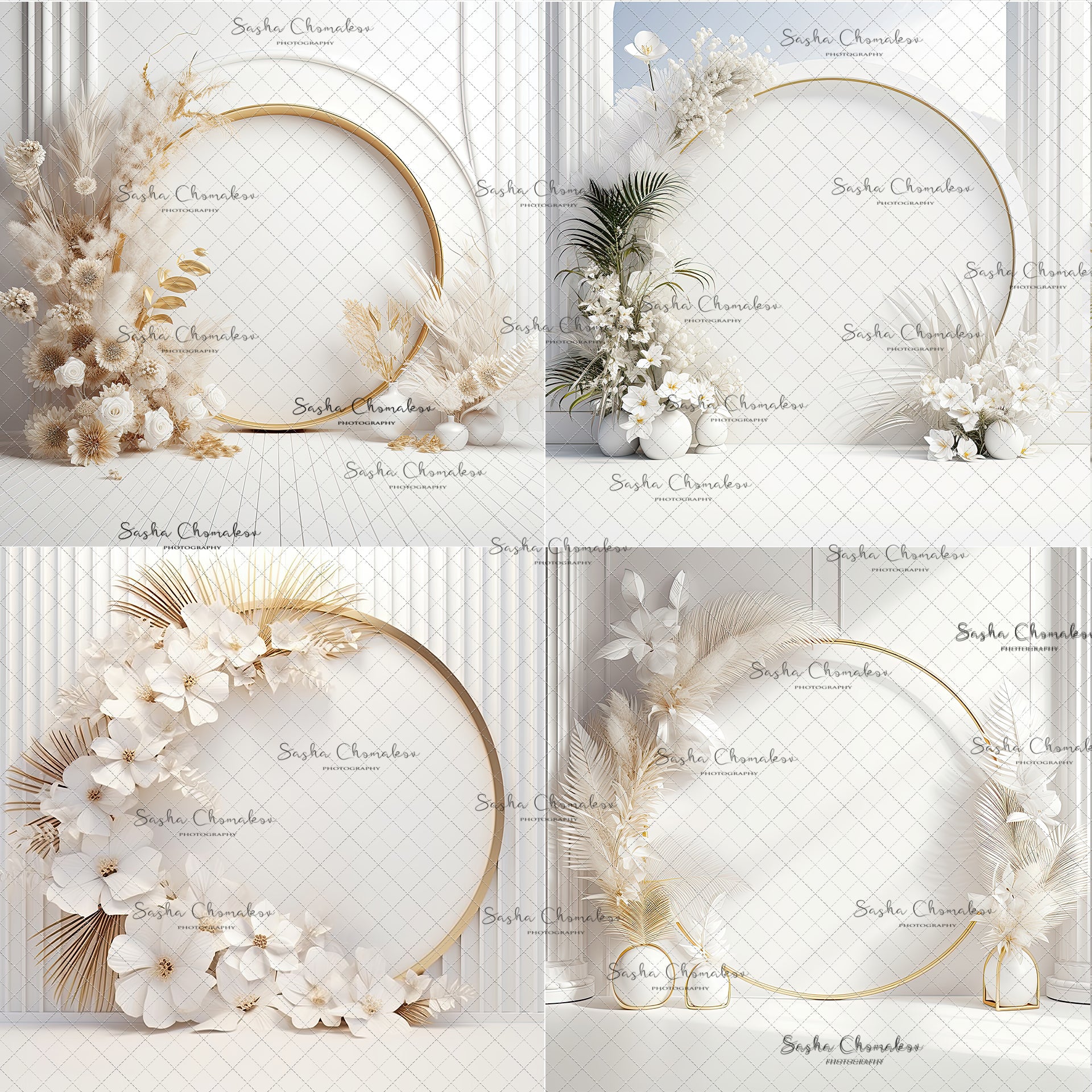 Digital  Backdrops  Ai generated boho side lit white gold floral rings , wreaths