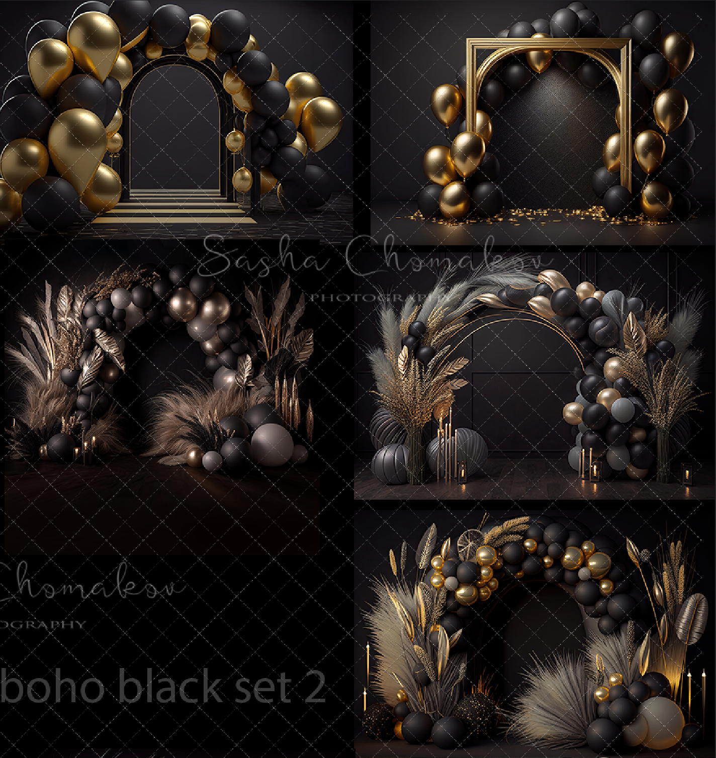 Backdrops black and gold balloons + boho set 2 Ai generated
