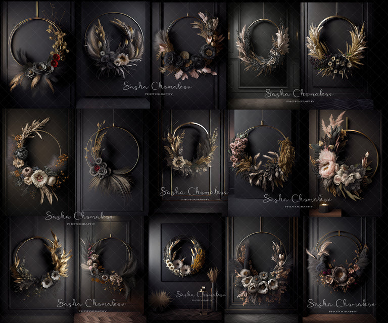 Backdrops black boho floral rings dry flowers and gold vintage Ai generated